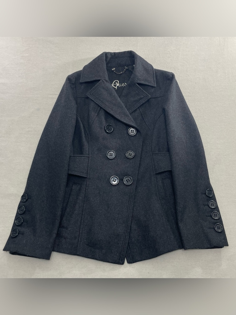 GUESS Pea Coat Women's M Black/Gray Charcoal Double Breasted Wool Blend Jacket